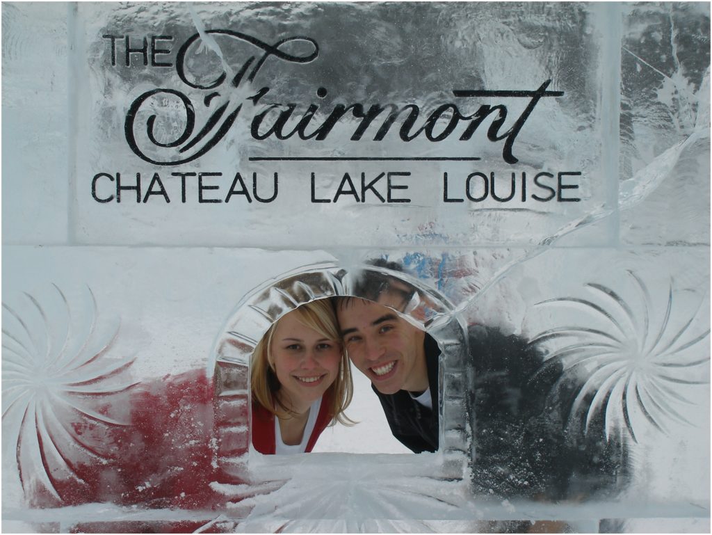 Engagement photos at the Ice Castle on Lake Louise Alberta Canada in Winter